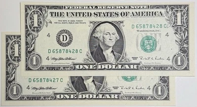 1995 $1 Federal Reserve *WEB* Note Consecutive Serial Numbers Uncirculated - Image 1 of 4