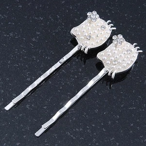 2 Teen Simulated Pearl, Crystal 'Kitty' Hair Grips/ Slides In Rhodium Plating - - Picture 1 of 6