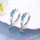 Blue Turquoise Crystal 925 Sterling Silver Hoop Huggie Earrings Women Ear Buckle
