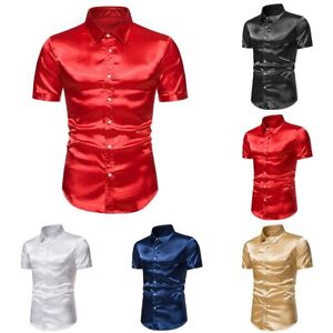 Classy Men's Short Sleeve Button Down Shiny Shirt for Parties and Clubs