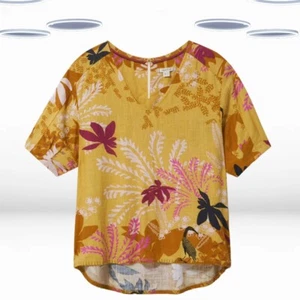 Ex White Stuff Women's Short Sleeve Linen Blend Top in Yellow Floral - Picture 1 of 6