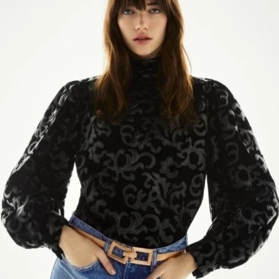Zara High Heck Puff Sleeve Black Combination Velvet Faux Leather Blouse Small - Image 1 of 4