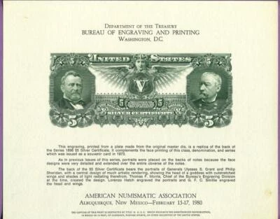 BEP 1980 ANA Conv B46 Intaglio Souvenir Card 1896 Educational $5 Silver Cert Rev - Image 1 of 2