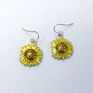 Silver Plated Yellow Sunflower Dangle Drop Earrings Floral Flower - Picture 1 of 3