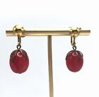 Vintage Red Cats Eye Beaded Dangle Costume Earrings Gold Tone