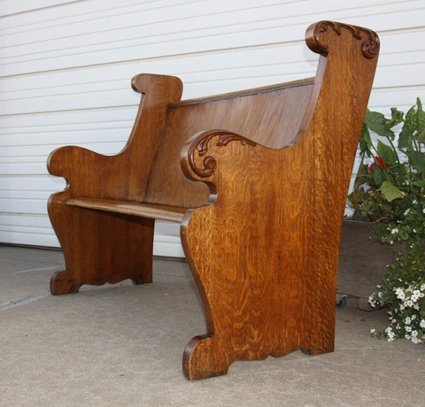 Antique Quarter Sawn Oak Church 48" Pew Bench Egg & Dart Trim Acanthus Carving Cover
