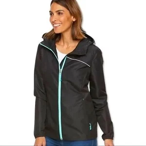 Women’s Free Country Hooded Packable Dobby Jacket size Large Black Turquoise - Picture 1 of 9