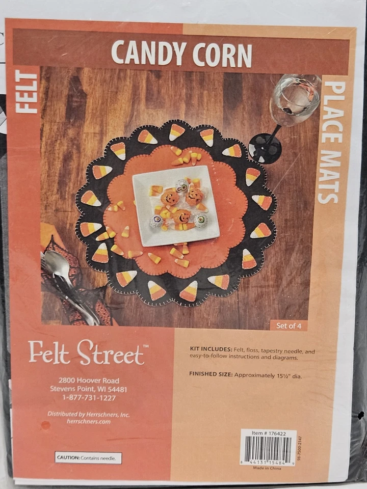 Herrschners Fieltro Calle Caramelo Maíz Halloween Juego de 4 Colchonetas Kit Foto 1 de 4