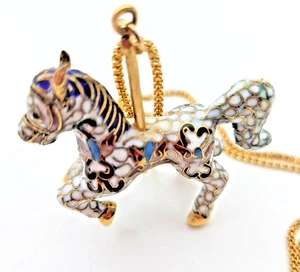 Vintage White Royal Cloisonne Carousel Horse Long Gold Tone Necklace - Picture 1 of 5
