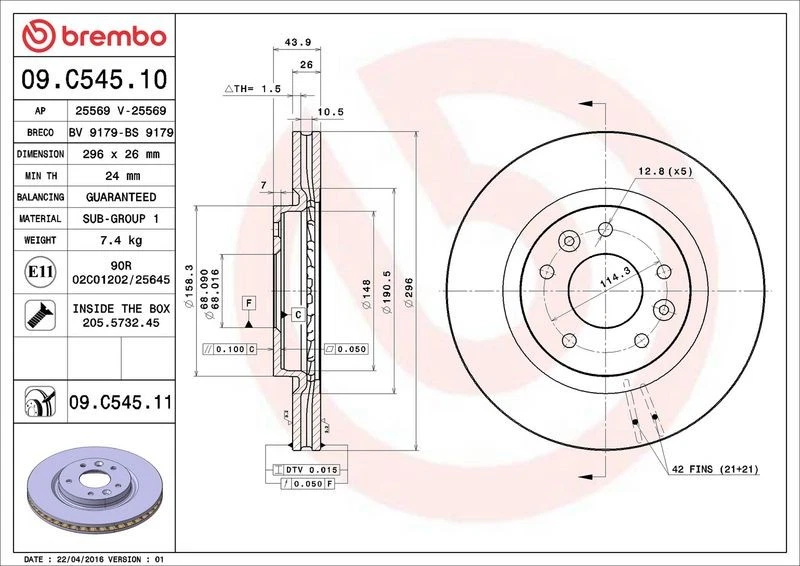 Disco de freno eléctrico Nissan LEAF 09.C545.11 Foto 1 de 2