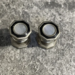 Vintage Silver Tone Black Enamel Snap Link Kum A Part MOP Cufflinks Gar1-69 - Picture 1 of 5