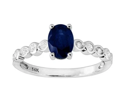 Anillo Aniversario Zafiro Azul Genuino y Diamante 1/10 CTTW Oro Blanco 14K Foto 1 de 4
