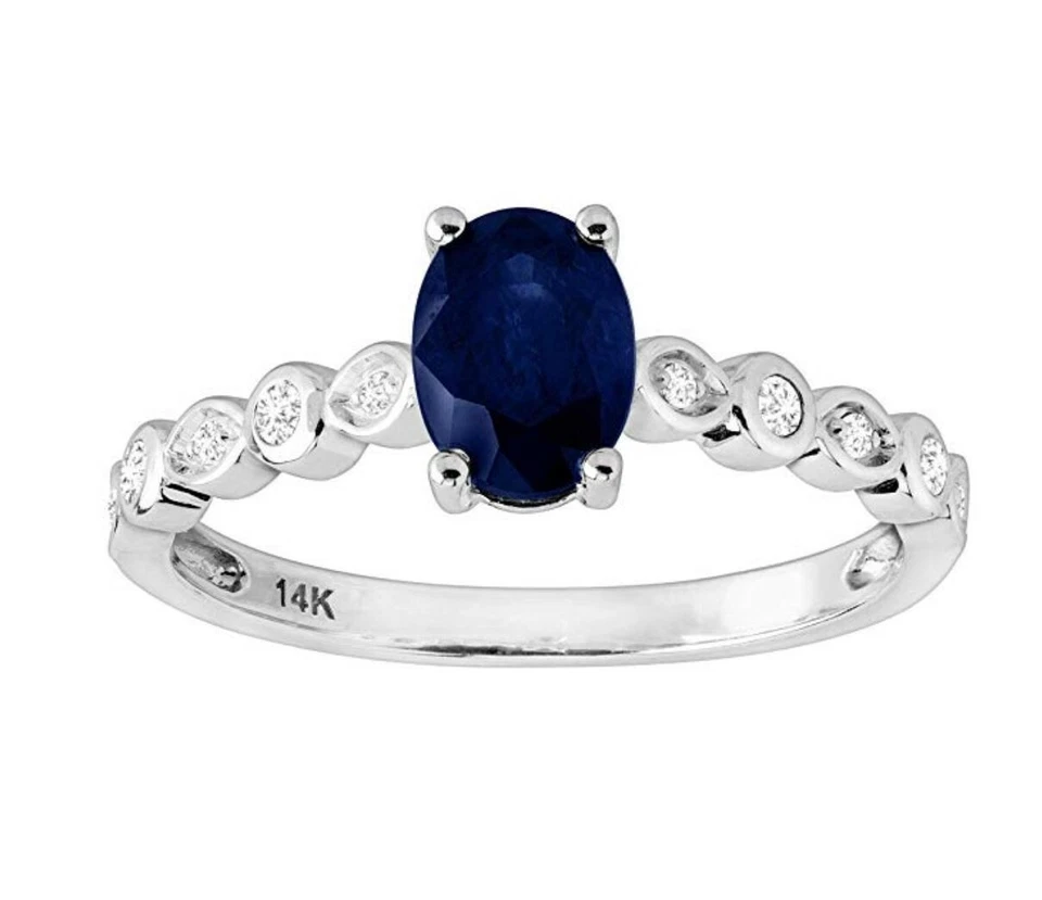 Anillo Aniversario Zafiro Azul Genuino y Diamante 1/10 CTTW Oro Blanco 14K Foto 1 de 4