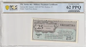 Military Payment Currency 1946 25 Cents PCGS Certified Banknote UNC 62 PPQ 461 - Picture 1 of 2