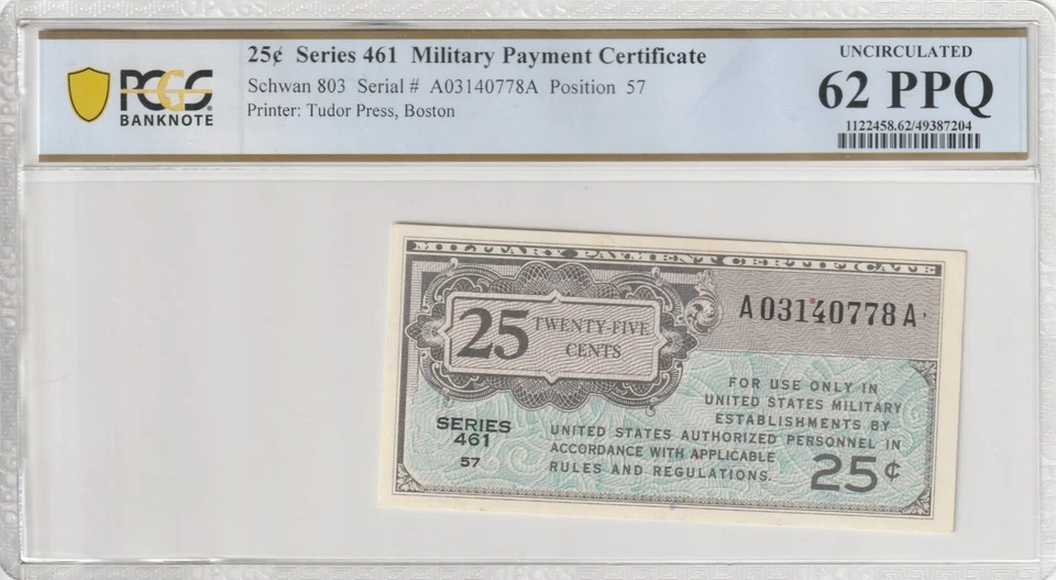 Military Payment Currency 1946 25 Cents PCGS Certified Banknote UNC 62 PPQ 461 - Image 1 of 2