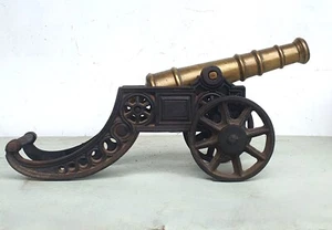 A Victorian Antique Brass Miniature Cannon Mounted on an Iron Carriage 46cm - Picture 1 of 5