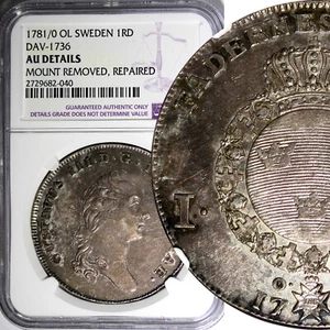 SWEDEN Gustaf III Silver 1781/0 Riksdaler NGC AU DET. OVERDATE KM# 527 (40) - Picture 1 of 6