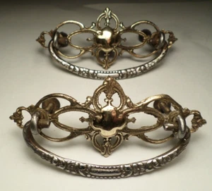 Antique Vtg Ornate Brass Two Tone Drawer Pulls 3" - Picture 1 of 10