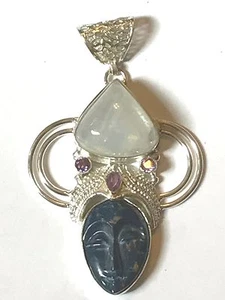 ❤️GODDESS FACE GEMSTONE PENDANT BLUE COPPER TURQUOISE & WHITE MOONSTONE SILVER❤️ - Picture 1 of 8
