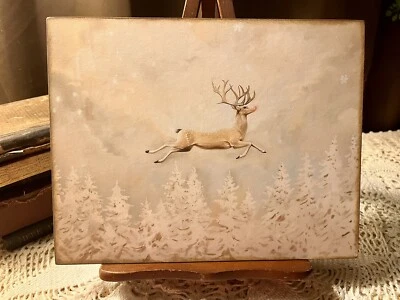 Flying Reindeer,  Rudolf, Beige Neutral Christmas, Handcrafted Canvas Sign - Image 1 of 3