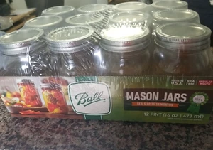 (ONE DOZEN) MASON JARS, PINT, 16 oz JARS, REGULAR MOUTH, 5 1/4" TALL, BPA FREE - Picture 1 of 9