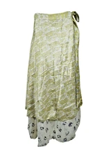 BOHO HIPPY MAXI Silk Wrap Skirt Beach WRAP 2 Layer MOSS GRN Printed Sarong Dress