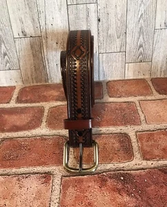 Western Style Mens 46” Belt Brown Leather Nickel Tone Buckle - Picture 1 of 8