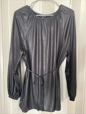 Top halógeno negro imitación cuero ligero manga larga con corbata en la cintura talla 1 (M) Foto 1 de 4