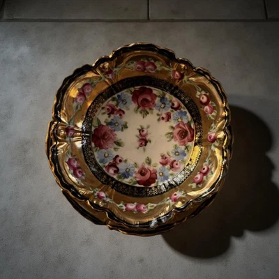 Antique Nippon Hand Painted Display Bowl Gold Trim Pink Flowers Roses over gold - Image 1 of 4