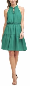 Vince Camuto Dress Size 2P Womens Green  Fit Flare Mini Sleeveless Ruffle Tie - Picture 1 of 17