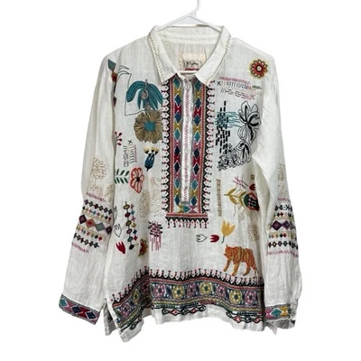 Johnny Was Biya Size Small Simmie Tiger Embroidered 100% Linen Tunic Shirt Boho - Image 1 of 4