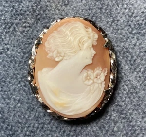 Antique Sterling Silver Carved Shell Peach Cameo Brooch - Picture 1 of 12