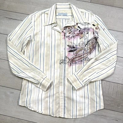 Camisa Ice Jeans por Iceberg Itália listrada com botões estampa paisley frente M Y2K gótica - Imagem 1 de 4