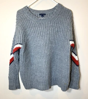 Tommy Hilfiger Sweater Womens Medium Gray Wool Alpaca Blend Chunky Knit Stripe - Image 1 of 4
