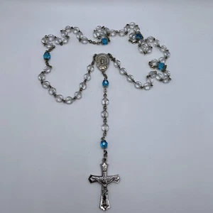 Vintage Italian Crucifix & Medal Faceted Clear Crystal Beads And Blue Rosary - Picture 1 of 8