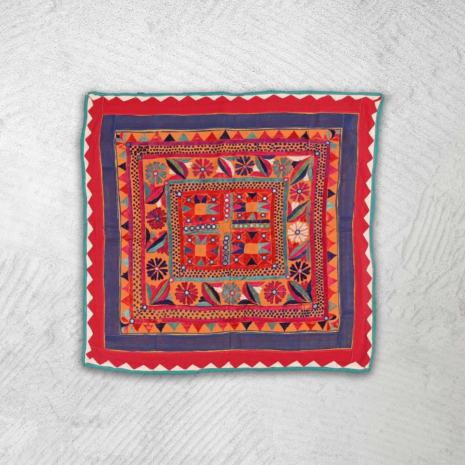 Cotton Floral Wall Hanging Vintage Embroidery Mirror Work Wall Tapestry 3 x 3 ft - Image 1 of 4