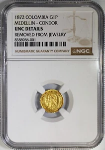1872 Colombia Gold 1 Peso Medellin - Condor NGC Unc Details Removed from Jewelry - Picture 1 of 2