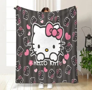 NEW HELLO KITTY Sanrio 51x59 Ultra Soft Throw Blanket Pink & Black Bows & Hearts - Picture 1 of 8