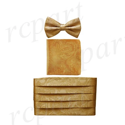 NUEVO 100% Poliéster Paisley Cummerbund & Bowtie_hankie Set Formal Boda Dorado Foto 1 de 4