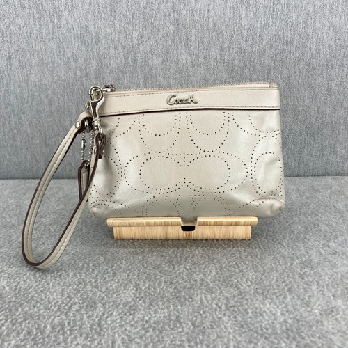 COACH Braccialetto Grigio Pelle Traforato Logo C Zip Top Fodera Pesca