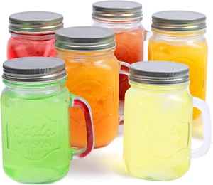Estilo Mason Jar, 16 Oz, Set of 6, Glass Drinking Cups with Handles, Tin Lids, O - Picture 1 of 12