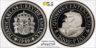 1989 Spain Silver 5000 Pesetas Discovery of America Santa Maria -PCGS PR 67 DCAM - Image 1 of 2