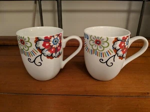Set of 2 Fitz and Floyd Gourmet Mod Floral Mugs, EUC, Blue/White/Red/Green/Black - Picture 1 of 7