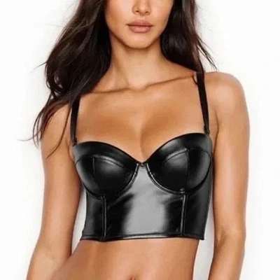 Victoria’s Secret Black Faux Leather Longline Balconet Bustier Bra Size 32DD NEW - Image 1 of 4