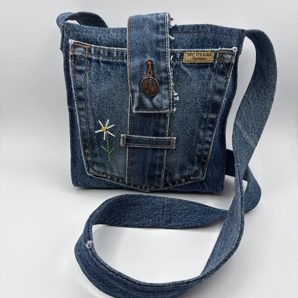 NUEVO Bolso Bandolera Jean Azul Denim Hecho a Mano Forrado con Patrón Naranja Brillante Foto 1 de 4