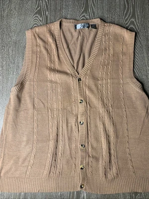 Oscar De La Renta Suéter Chaleco Marrón Cable Tejido Mezcla Algodón Suave Ligero 2XL Foto 1 de 4