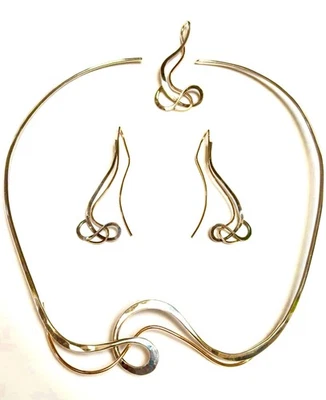 Conjuntos Vintage Pendientes Collar Collar y Colgante; 925 y Tono Dorado Firmado Modernista Foto 1 de 4