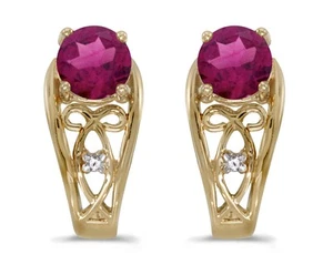 14k Yellow Gold Round Rhodolite Garnet And Diamond Earrings - Picture 1 of 2