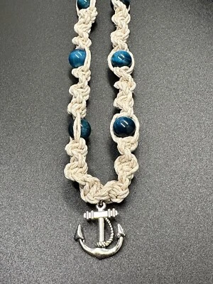 Nautical Anchor Spiral Hemp Necklace 22” Blue Tiger Eye Gemstones Foto 1 de 2