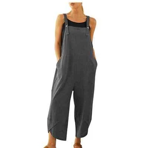 Springrain Womens Bib Overalls Cotton Linen Cropped Tulip Hem Romper, Gray, M - Picture 1 of 8